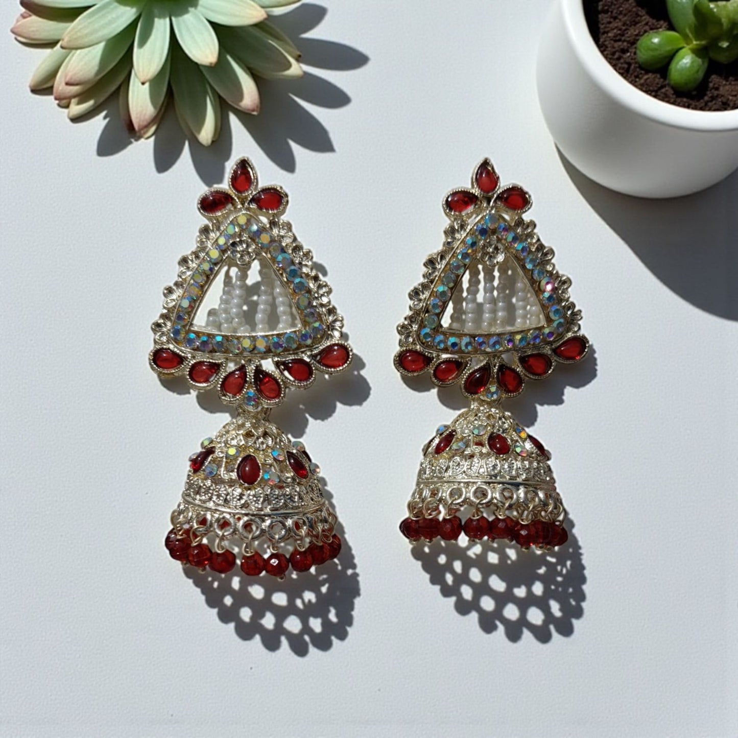Traditional Red Silver Jhumke