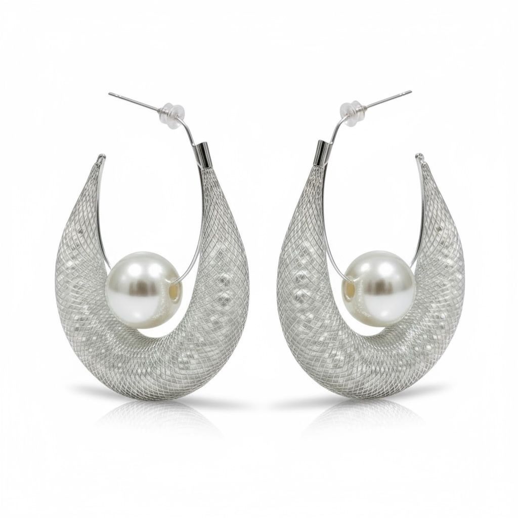 Silver Crescent Earrings with Pearl Korean Design