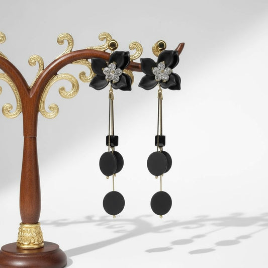 Black Floral Dangler Long Earrings