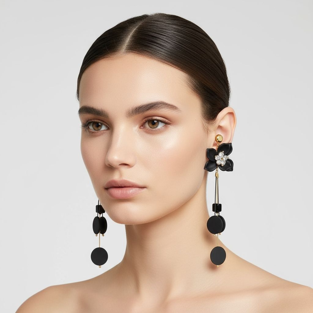 Black Floral Dangler Long Earrings