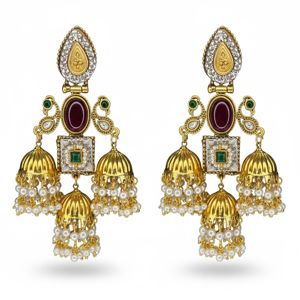 Kashmiri Earrings Maharani Design Red Diamond