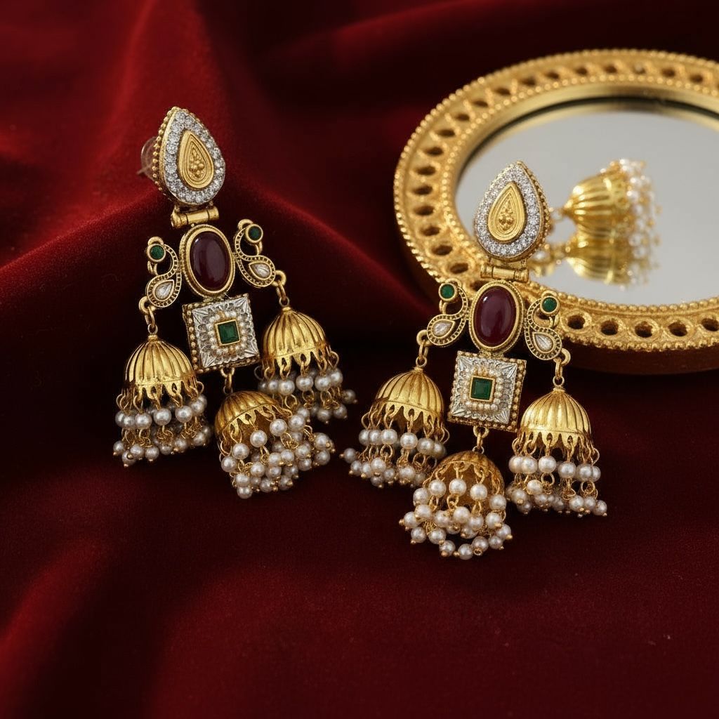 Kashmiri Earrings Maharani Design Red Diamond
