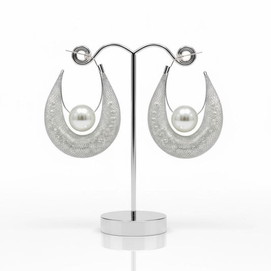 Silver Crescent Earrings with Pearl Korean Design
