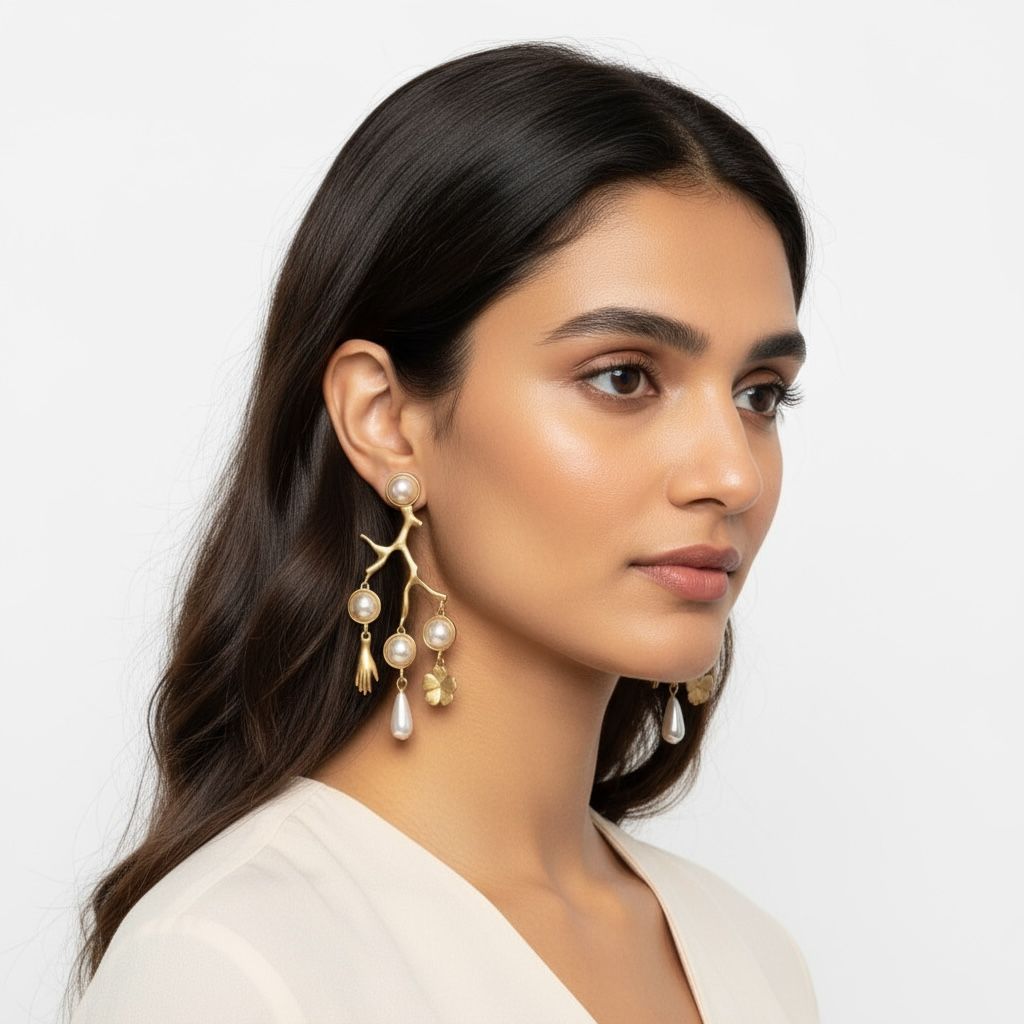 Gold Branch Earrings with Pearls & Charms