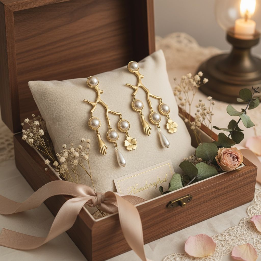 Gold Branch Earrings with Pearls & Charms