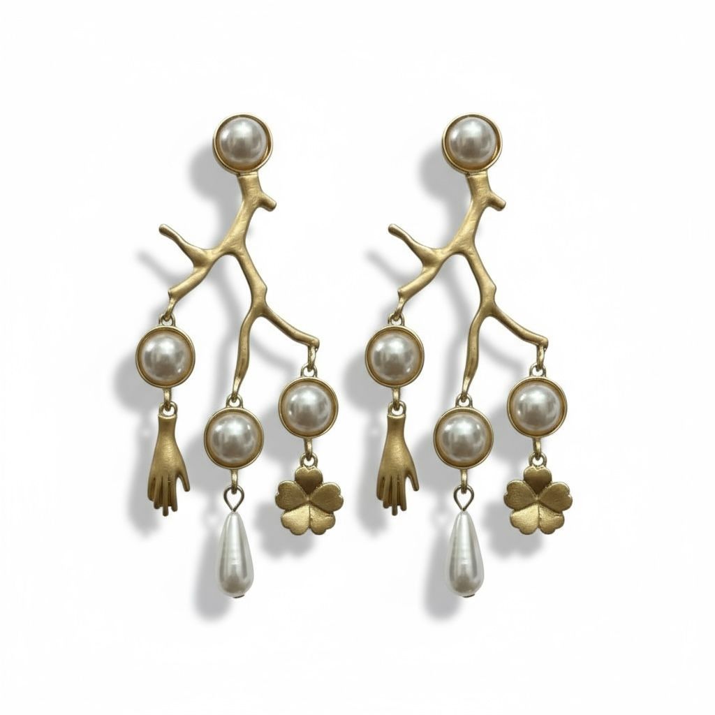 Gold Branch Earrings with Pearls & Charms