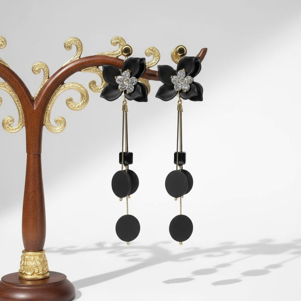 Black Floral Dangler Long Earrings