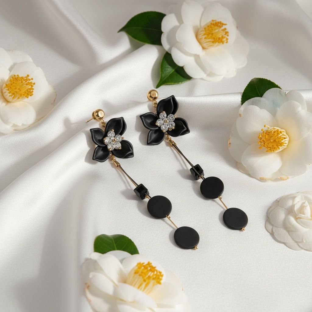 Black Floral Dangler Long Earrings