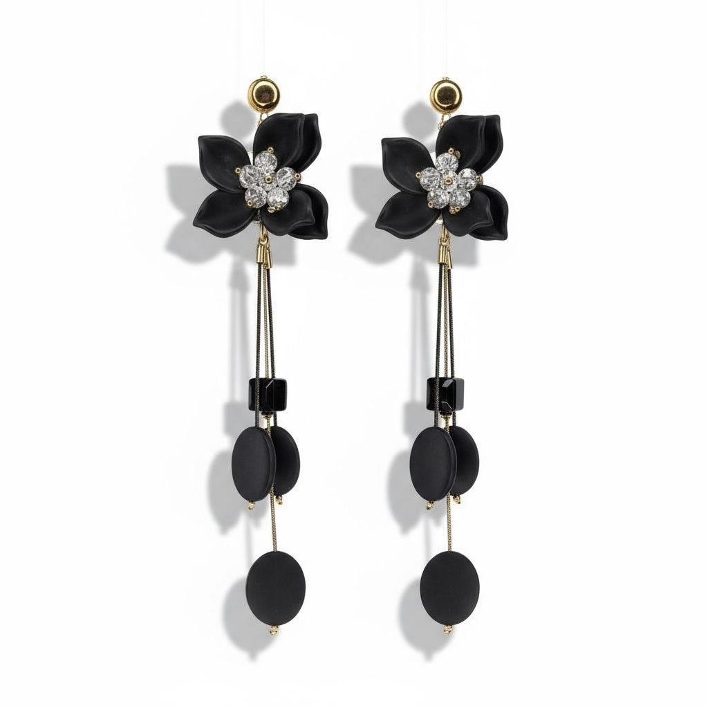 Black Floral Dangler Long Earrings