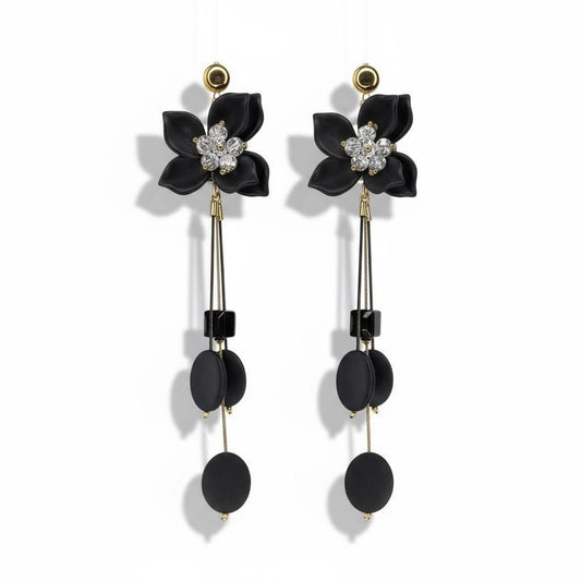 Black Floral Dangler Long Earrings