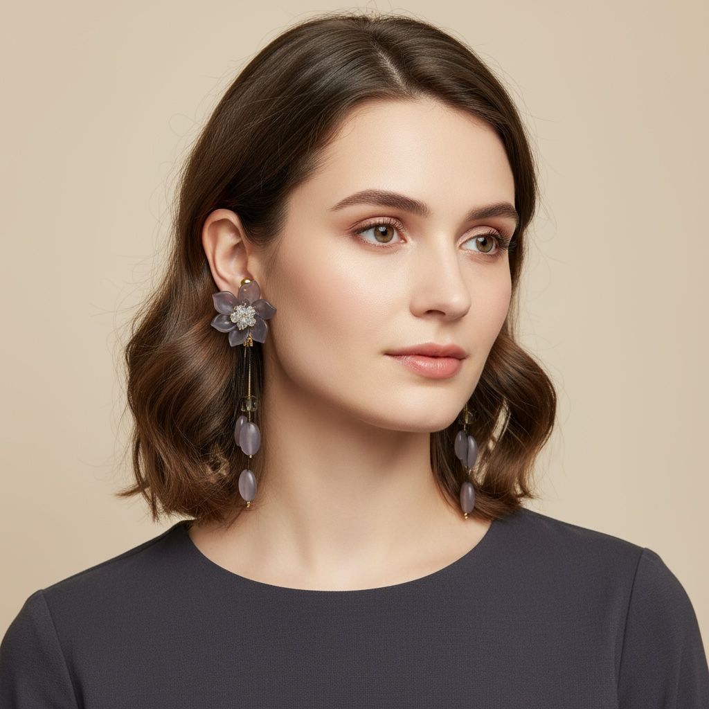 Grey Flower Dangler Earrings.