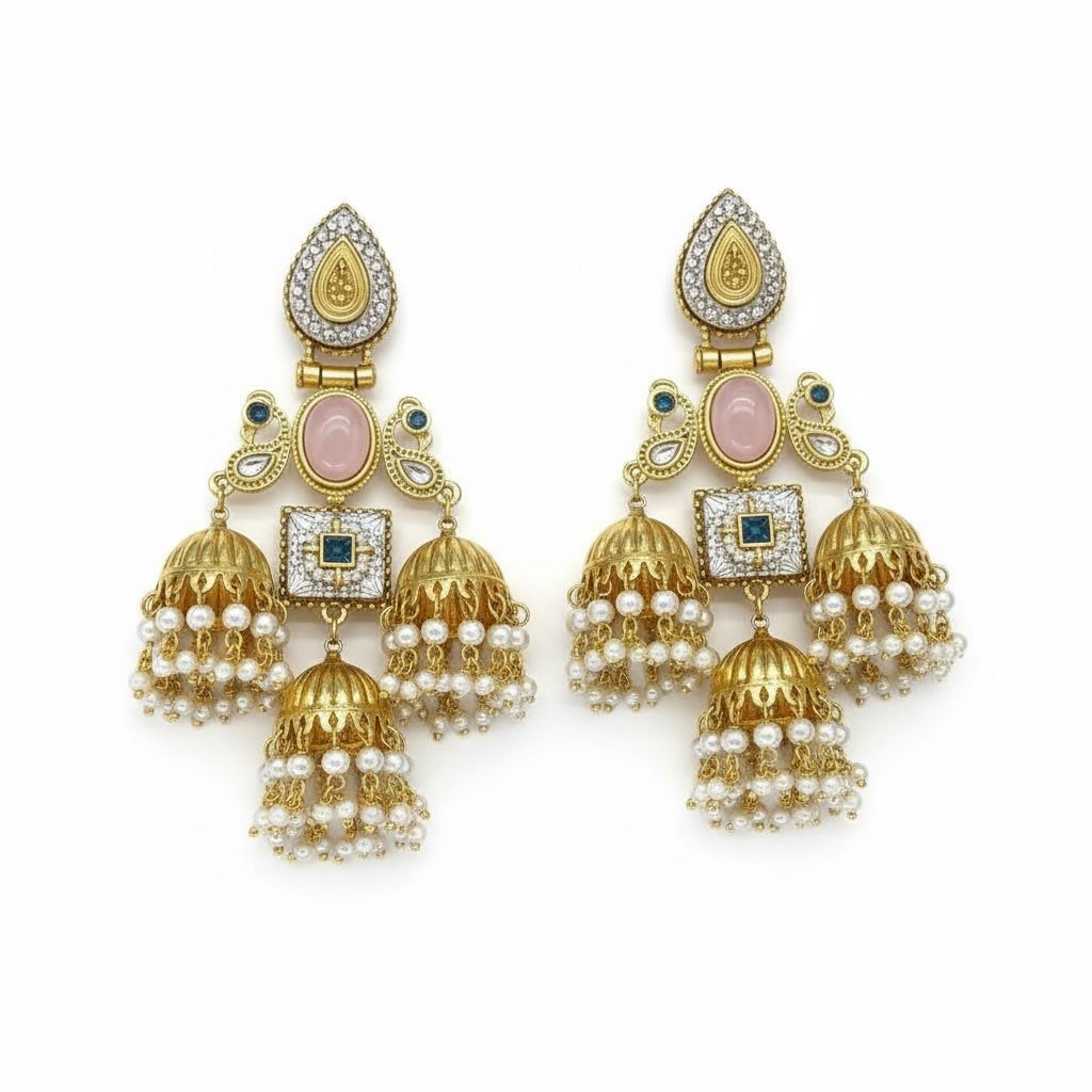 Kashmiri Earrings Maharani Design Pink Diamond