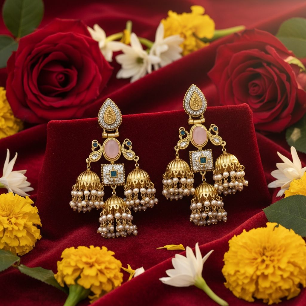 Kashmiri Earrings Maharani Design Pink Diamond